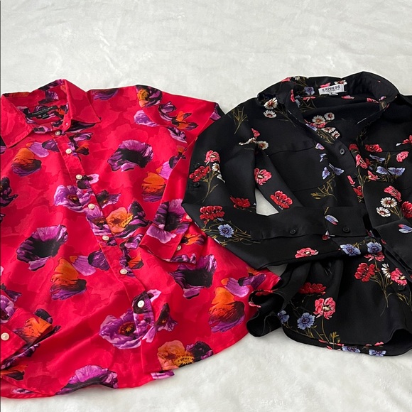 Tops - Vibrant Floral Button-Up Shirts - Pink & Black